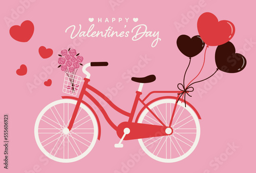 valentine’s day vector background with a bicycle with bouquet of roses and heart balloons for banners, cards, flyers, social media wallpapers, etc. photo