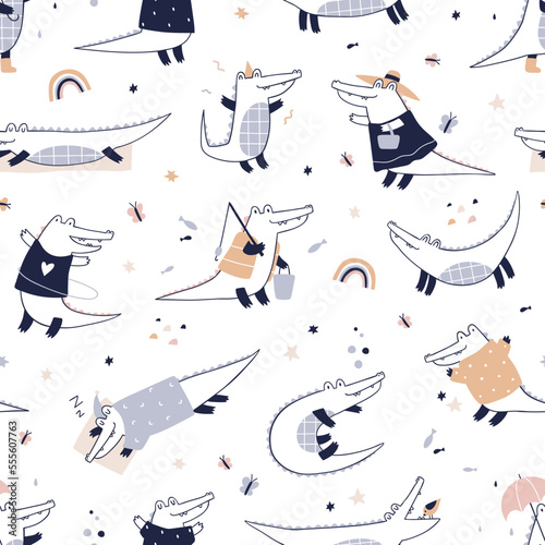 Cute crocodiles, seamless Scandinavian pattern. Funny animals, repeating prin...
