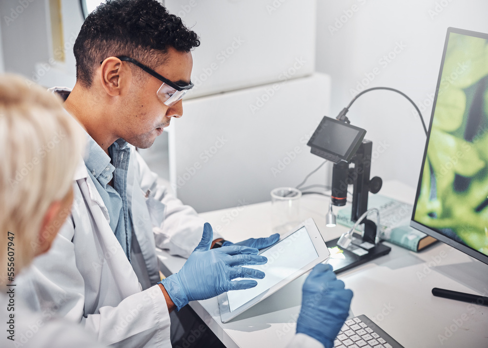Science team, tablet and analysis study in lab for pharmaceutical collaboration, scientist teamwork and working on research. Medical review, laboratory innovation and pharmacy partnership on device Science team, tablet and analysis study in lab for pharmaceutical collaboration, scientist teamwork and working on research. Medical review, laboratory innovation and pharmacy partnership on device