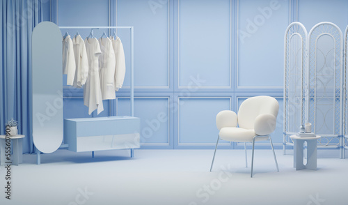 Creative interior design in blue studio with Clothes hanging on a rack, book and armchair. Pastel color background. 3D rendering for web page, presentation or picture frame  © Tiviland