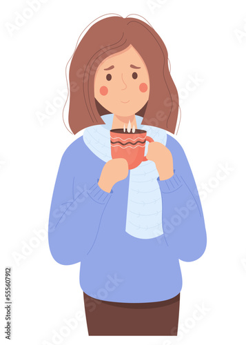 Cute girl in scarf and sweater is warming herself and drinking hot tea. Cartoon flat vector illustration.