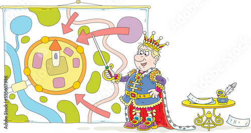 Angry king standing at a war map and indicating with his sword a main direction of an attack on an enemy castle, vector cartoon illustration isolated on a white background