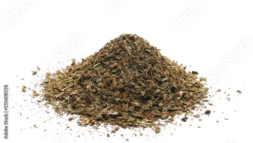 Basil dried spice, pile isolated on white