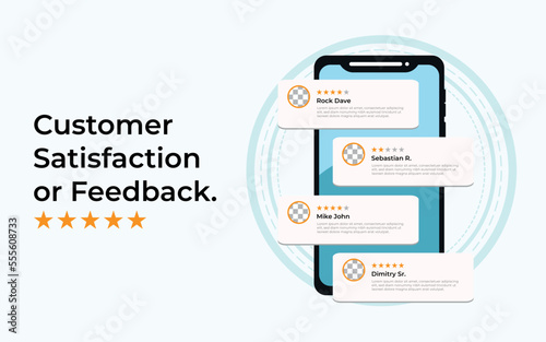 Customer review or feedback satisfaction rating on mobile screen/smartphone concept ,Product or service review ideas from customers, writing reviews  from customers who use the services from 1-5 stars