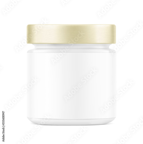 Realistic glass jar with metal lid mockup. Vector illustration isolated on white background. Can be use for your design, advertising, promo and etc. EPS10. 