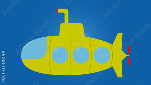 Yellow submarine underwater, cartoon style on blue sea background. Vector illustration.