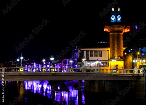 night view of historical Amasya clock tower photo