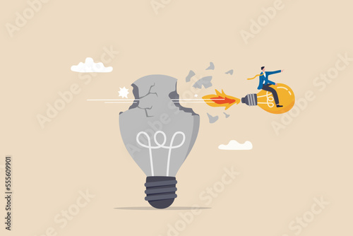 Disruptive innovation, entrepreneur to start new business with revolutionary idea, change industry and win competition concept, business riding flying lightbulb idea breaking old technology company.