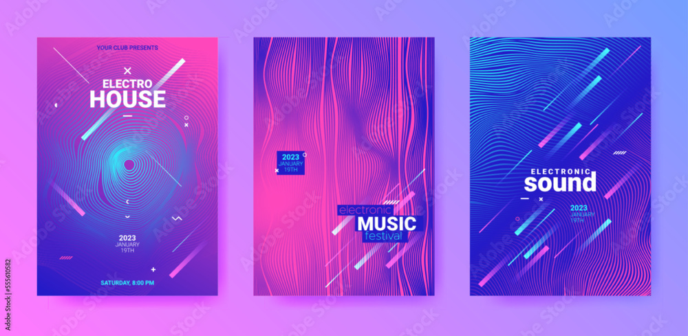 Futuristic Dance Posters. Electronic Sound Cover. Techno Party Flyer. Vector 3d Background. Abstract Dance Poster. Technology Festiv Banner. Gradient Wave Round. Dance Posters Set.