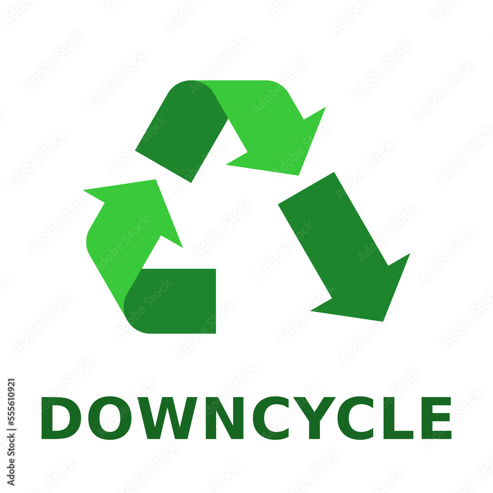 Downcycle icon, sign or logo. Green environmental sustainability symbol. To recycle in such a way that the resulting product is of a lower value than the original item. Vector illustration, flat. Downcycle icon, sign or logo. Green environmental sustainability symbol. To recycle in such a way that the resulting product is of a lower value than the original item. Vector illustration, flat.