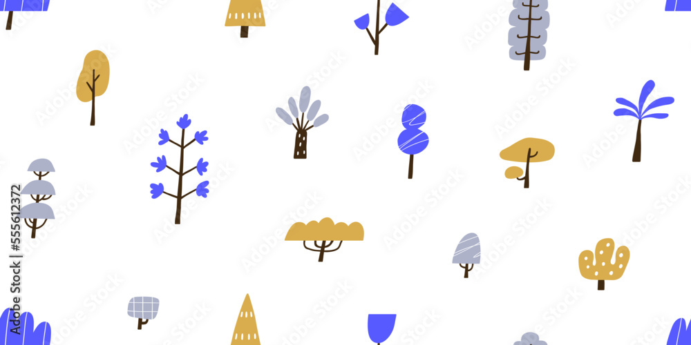 Seamless pattern with doodle trees, forest plants in abstract naive ...