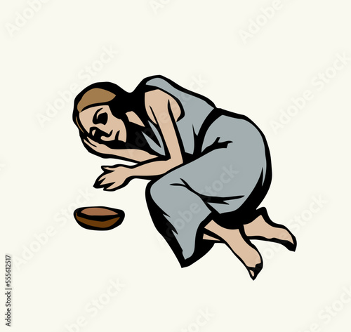 Girl suffering from hunger. Vector drawing