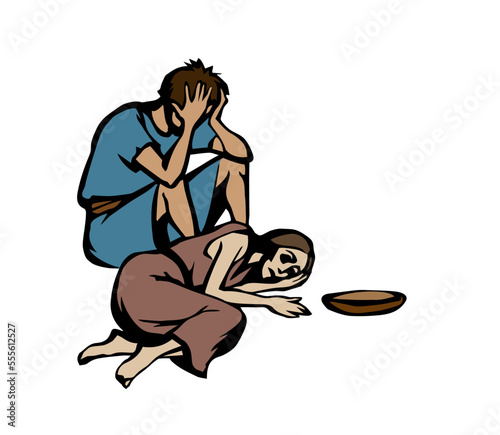 People suffering from hunger. Vector drawing