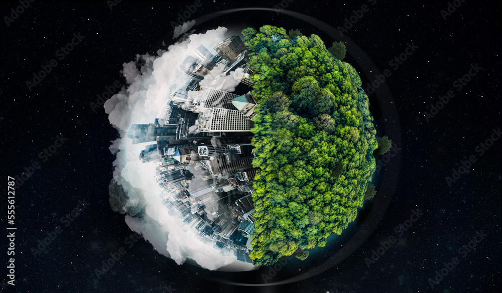 World, city buildings or forest in globalization crisis, climate change awareness or pollution environment security on black background. Globe, environment day or abstract urban trees on night mockup - obrazy, fototapety, plakaty 