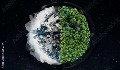 World, city buildings or forest in globalization crisis, climate change awareness or pollution environment security on black background. Globe, environment day or abstract urban trees on night mockup