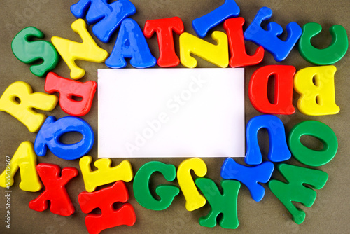 Alphabet on color background. School and education concept. Empty space for text and design