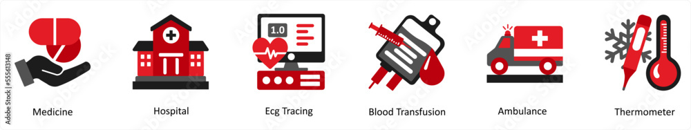 Six medical icons in red and black as medicine, hospital, ecg tracing Six medical icons in red and black as medicine, hospital, ecg tracing