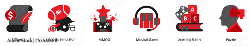 Six game icons in red and black as quest, sports simulator, mmog