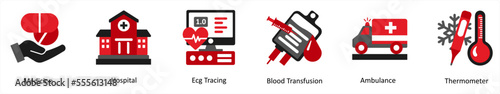 Six medical icons in red and black as medicine, hospital, ecg tracing