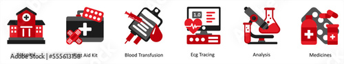 Six medical icons in red and black as hospital, first aid kit, blood transfusion