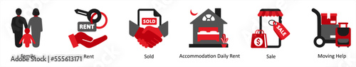 Six real estate icons in red and black as family, rent, sold