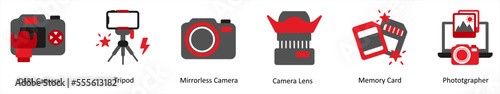 Six technology icons in red and black as dsrl camera, tripod, mirrorless camera