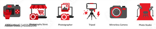 Six technology icons in red and black as dsrl camera, photography store, photographer
