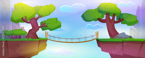 Summer landscape with mountains, plants and log bridge over precipice between cliffs. Cartoon vector illustration of rocks, green grass and trees, wooden rope footbridge over abyss at day.
