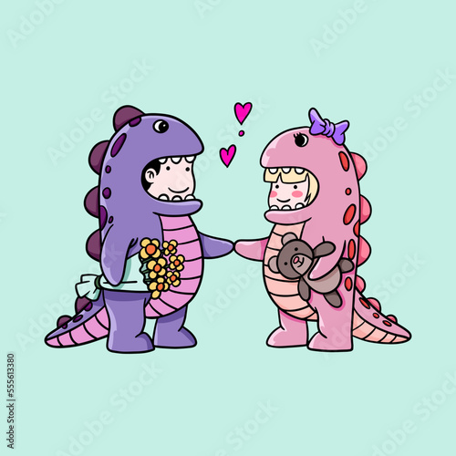 Kids couple wearing dinosaur suit