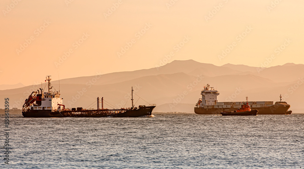Industrial dry cargo ships on the Kamchatka peninsula at sunset