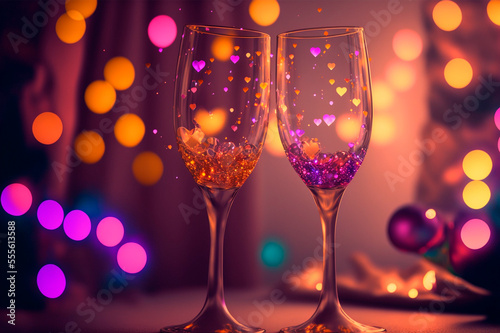 Valentine's Day concept, two champagne glasses with a heart-shaped bokeh inside