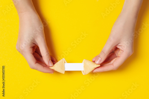 Canvas Print Chinese fortune cookies with prediction words, top view