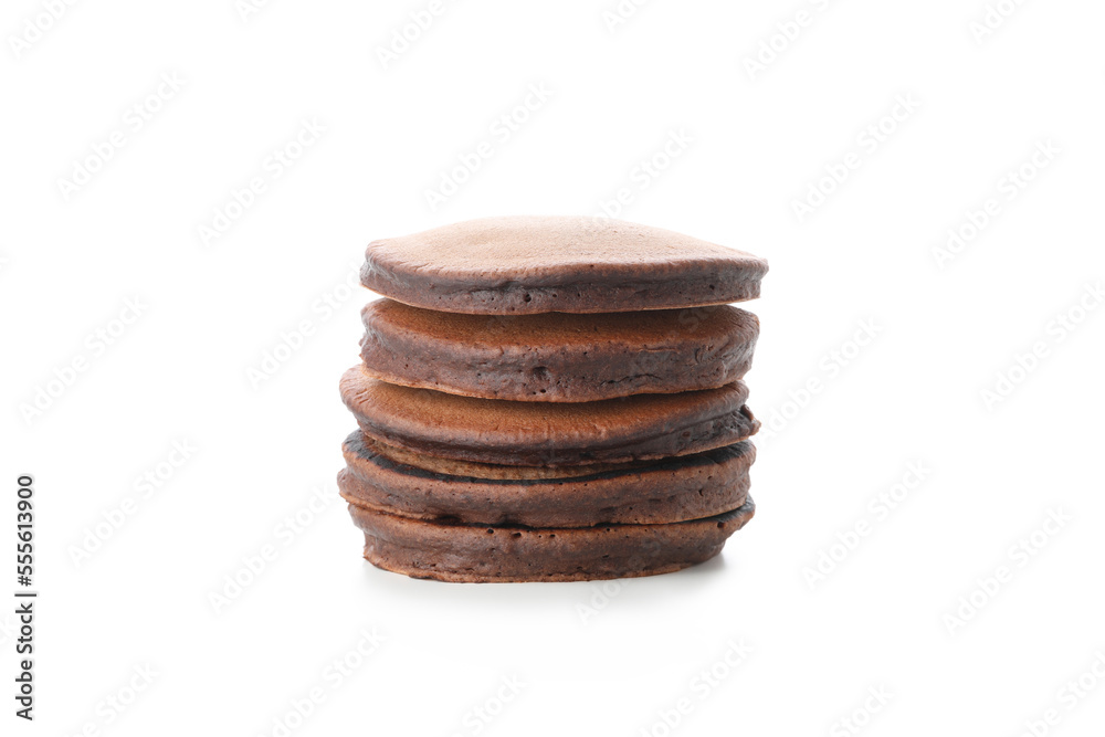 Concept of sweet food, chocolate pancakes, isolated on white background Concept of sweet food, chocolate pancakes, isolated on white background
