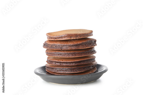 Concept of sweet food, chocolate pancakes, isolated on white background
