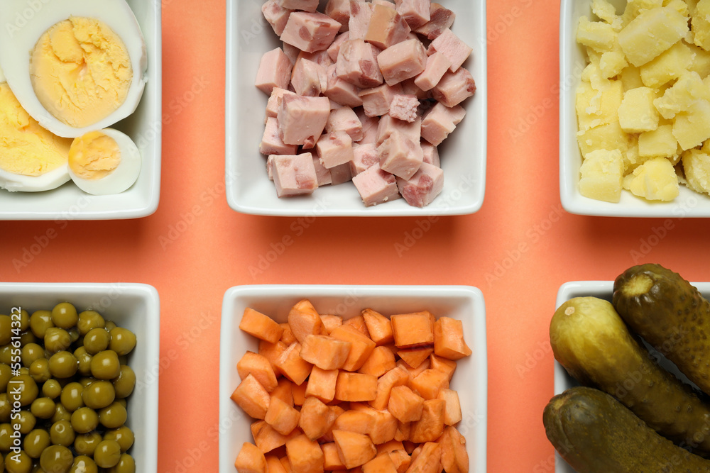 Concept of New year food, Olivier salad, top view Concept of New year food, Olivier salad, top view