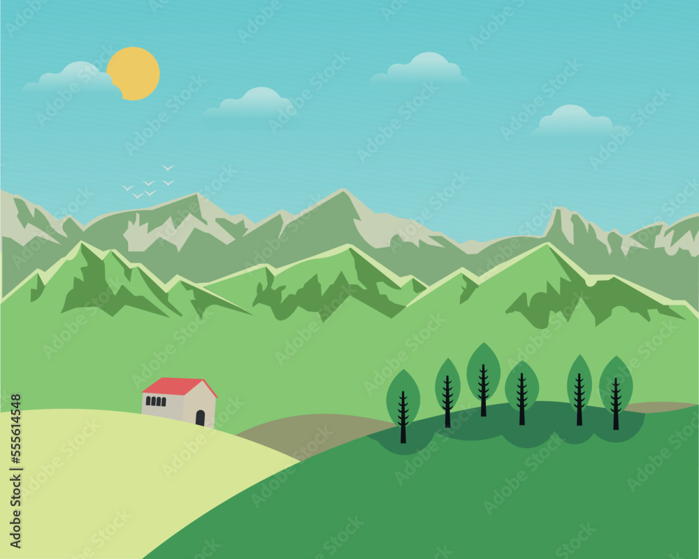 Nature landscape vector illustration with cartoon style.