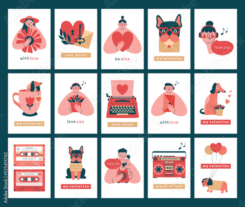 Big collection of creative Valentine's Day cards. Cute kawaii illustrations of persons, dogs, boombox, typewriter, cassette, telephone, heart, love letter, cup. Vector cartoon clip arts with text .