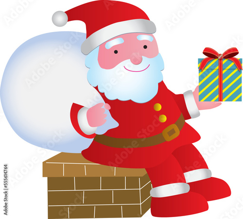 プレゼントを持って煙突に座るサンタクロース
