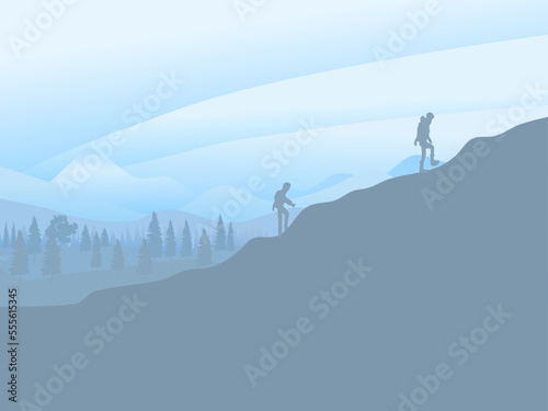 vector blue background travel concept to discover explore and observe nature hiking adventure travel flat design template of gift card, web banner, invitation, poster, website landscape