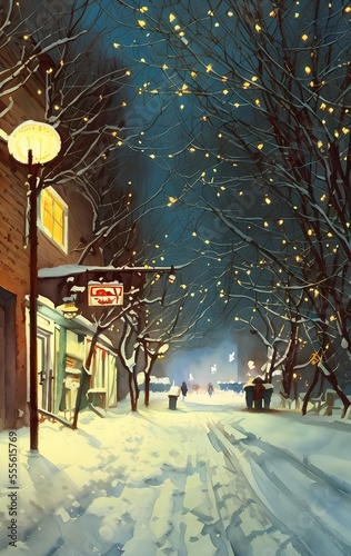 Digital watercolor painting of a snowy town street at Christmas, winter trees and lights, illustration painting postcard © Evgeny Gorborukov