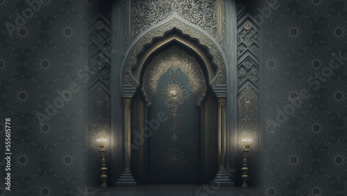 Dreamy Mosque entrance hall for Arabic/Islamic Ornamental decorative elegant background, decorated with Islamic geometrical vintage patterns