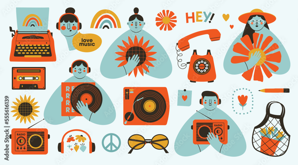 Creative set of retro people and objects.Cheerful, joyful, abstract flat illustrations of persons, girls, boys, typewriter, vinyl record, flowers, peace symbol.Love for music, vintage, 60s concept. 