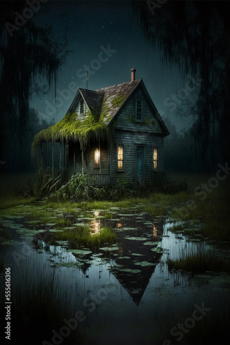Generative AI illustration of scary house on swamps