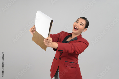 Young beautiful woman in formal clothing for officer on white background