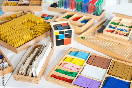 Montessori materials for secondary school learning math educational logical geometric wooden details photo