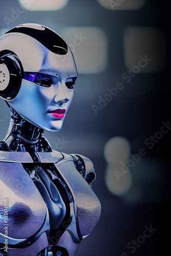 Humanoid female robot with silver cyborg armor and protruding pointed chest shield in front of blurred background, made with generative AI.