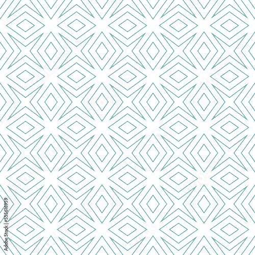 Ikat repeating swimwear design. Turquoise symmetrical kaleidoscope background. Summer ikat sweamwear pattern. Textile ready artistic print, swimwear fabric, wallpaper, wrapping.