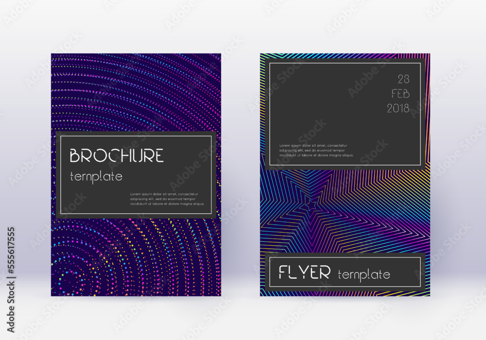 Black cover design template set. Rainbow abstract lines on dark blue ...