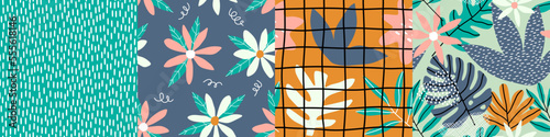 Canvas Print contemporary floral and polka shapes seamless pattern set.