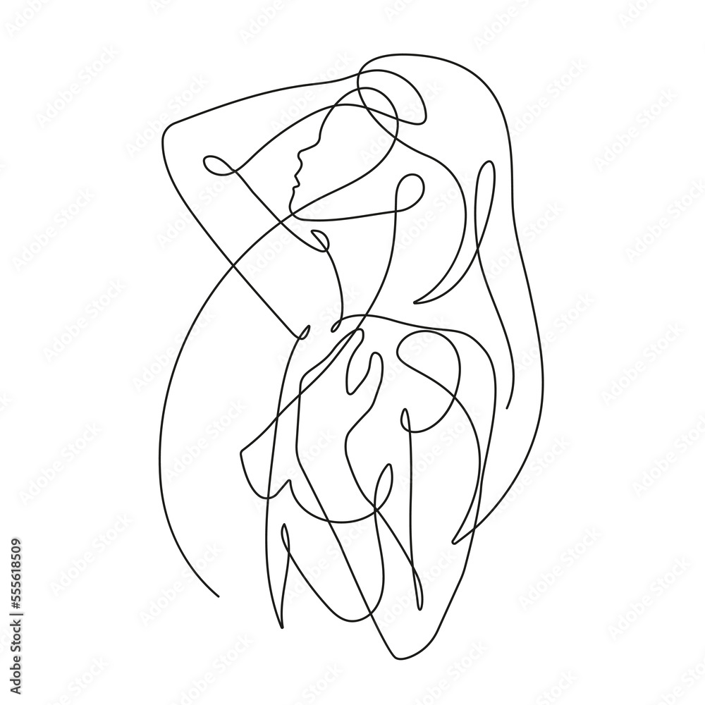 Abstract Female Silhouette Continuous One Line Drawing. Female Portrait Minimal Trendy Illustration Linear Style. Woman Body Line Art Drawing for Wall Decor, Fashion Print, Social Media. Vector 